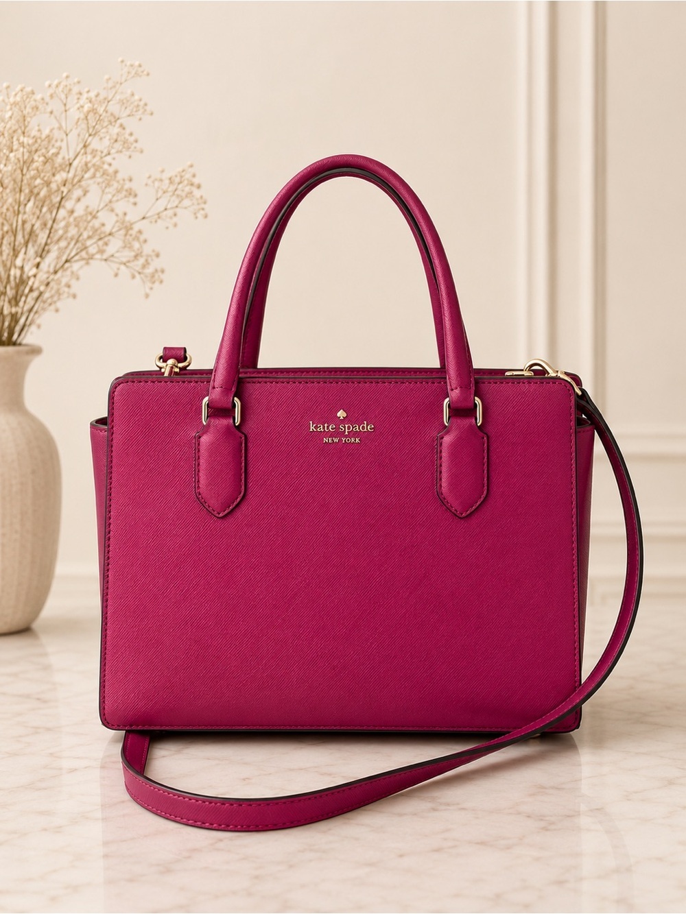 Kate Spade Pink Saffiano Leather Satchel Crossbody Top Handle structured Bag